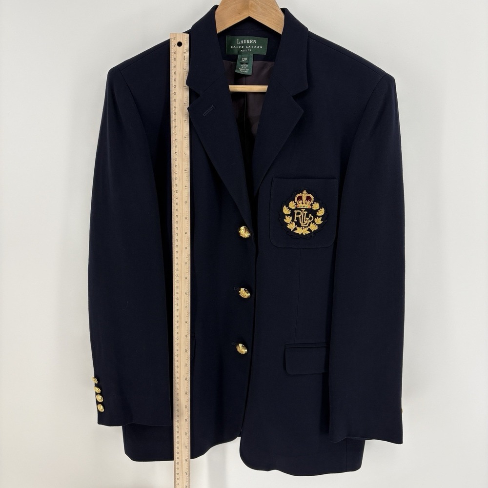 VTG Ralph Lauren Navy Blazer Royal Crest Gold Button Double Breasted Wool * 12P - Picture 2 of 12